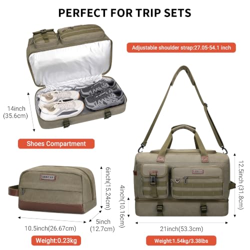 WITZMAN Duffle Bag for Men 60L Travel Canvas Weekender with Toiletry Bag - color: Army Green