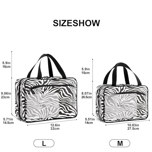 Travel Toiletry Bag for Woman/Men, Modern Wild Animal Zebra Skin Black and White Hanging Organizer Bag with Pockets Portable Folding Travel Case Bags for Makeup Cosmetic Toiletries Traveling-L - size: Large: 12.6 x 9.06 x 5.71 Inches, style: Black and Whi