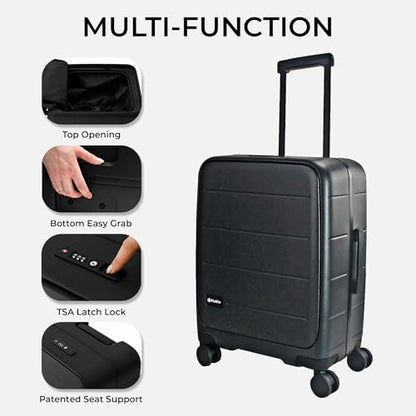 MiaMily Ride-On Carry-On Luggage with Built-In Seat for Adults & Kids, Front Opening Hard Shell Suitcase, TSA Lock, 360° Spinner Wheels, Waterproof Pockets, Lightweight 43L Carry-On, Midnight Black - color: Midnight Black