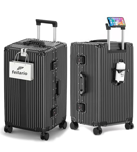 feilario Super Large Aluminum Frame Checked Luggage, Removable Wheels - color: A2-Jet Black, size: 30in