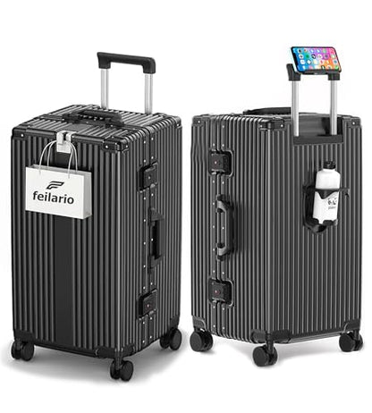 feilario Super Large Aluminum Frame Checked Luggage, Removable Wheels - color: A2-Jet Black, size: 30in