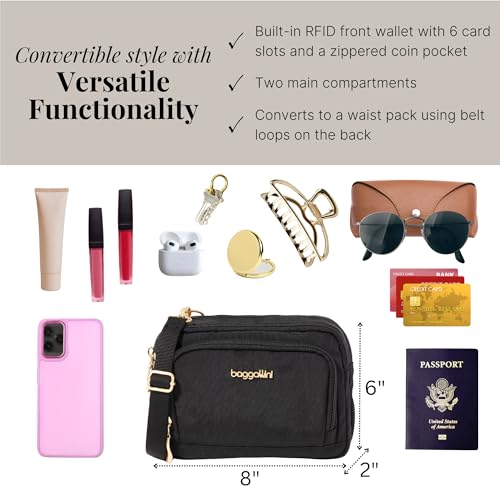 Baggallini Triple Zip with Front Wallet/Trifecta RFID Wallet Crossbody - color: Black W/ Gold Hardware