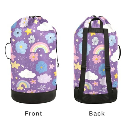 Cute Purple Rainbows Stars Flowers Laundry Backpack Bag with Adjustable Shoulder Straps Handle Dirty Laundry Hamper Bag for Traveling Camp College Dorm Heavy Duty Waterproof Large Capacity - color: Cute Purple Rainbows Stars Flowers