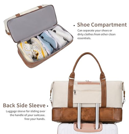 Oeihuivt Weekender Bags for Women - 21 Inch Large Travel Duffel Bag 3-Piece Set with Shoe Compartment, Heavy-Duty Canvas & Leather Carry On Overnight Tote (Airplane Approved) - color: Brown-Beige-A