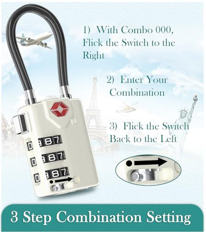 TRAVOCE TSA Approved Luggage Locks, Combination Cable Locks, 2 Pack, White - color: White 2 Pack