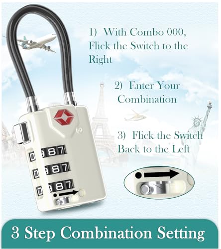 TRAVOCE TSA Approved Luggage Locks, Combination Cable Locks, 2 Pack, White - color: White 2 Pack