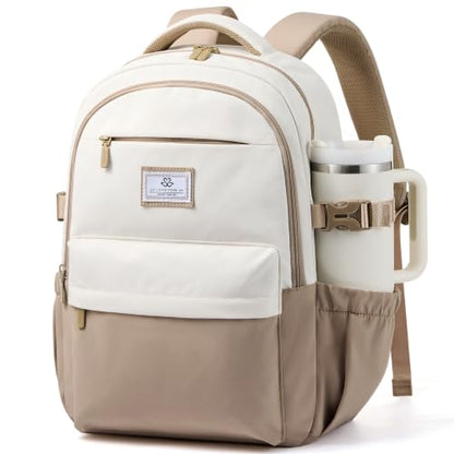 LOVEVOOK Laptop Backpack for Women & Teens, College Bag/40oz Cup Buckle - color: Khaki/Cream, size: 17.3inch