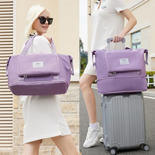 ZGWJ Travel Tote Bags, Expandable Overnight Weekender Bag for Women Foldable Carry-On - color: Purple