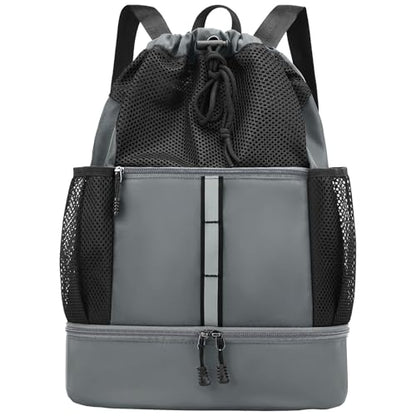 PinCute Drawstring Backpack for Men Women, Mesh Gym Bag for Beach - color: Dark Grey
