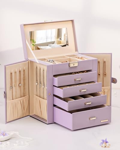 Homde Large Jewelry Box for Women: 5-Layer Organizer with Lock for Dresser - color: Grey Purple + Gold
