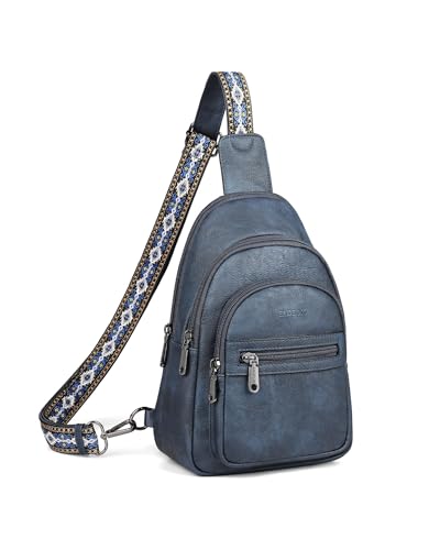 FADEON Sling Bag for Women, Designer Small Crossbody Bags, Adjustable Strap | Anti Theft Vegan Leather RFID Fanny Pack Tri-Zip Sling Backpack for Travel, Ideal for Shopping, Daily Commuting - color: Dark Blue Retro Style