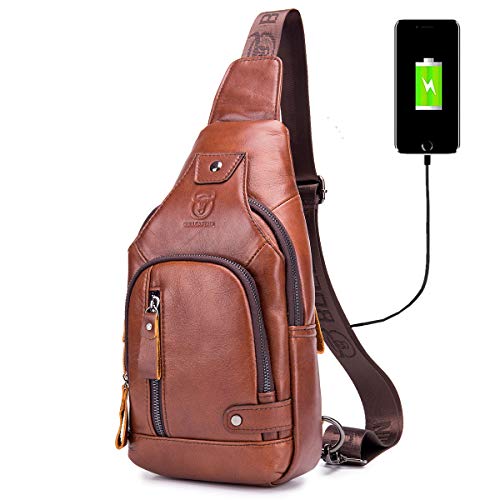 BULLCAPTAIN Genuine Leather Sling Bag for Men XB-129 | USB Charging Port, Multi-pocket, Chest Bag, Hiking Travel Daypack - color: Brown