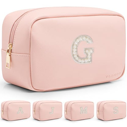 VLANDO Leather Makeup Bag with Pearl Monogram Patch,Pink G - color: 03-Pink-G