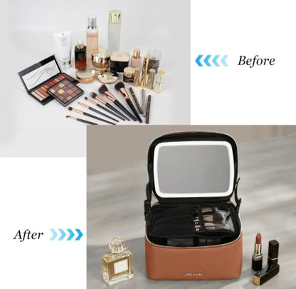 Travel/Daily Makeup Bag/Cosmetic Case with Detachable LED Mirror - color: Caramel Brown