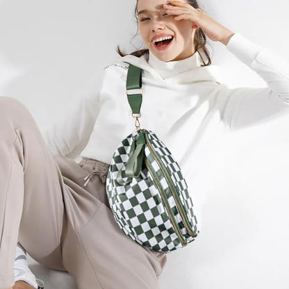 Checkered Crossbody Bags for Women, Large Nylon Bum Bags - color: Beans Green Checkered