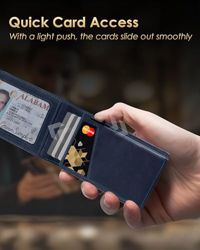 QLD Wallet for Men - RFID Blocking [Functional & Practical] Bifold Slim Minimalist Credit Card Holder Pop Up Metal Case with Cash Slot, Front Pocket with ID Window, Gift Boxed - color: Navy