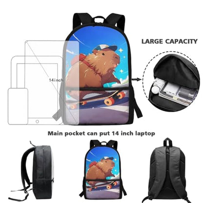 Cute Capybara Backpack for School, Capybara Skateboarding Design Backpack with Lunch Box for Boys Girls 4-in-1 Back to School Set, Lightweight Heavy Duty Bookbags for Age 6-8 - color: Capybara Skateboarding