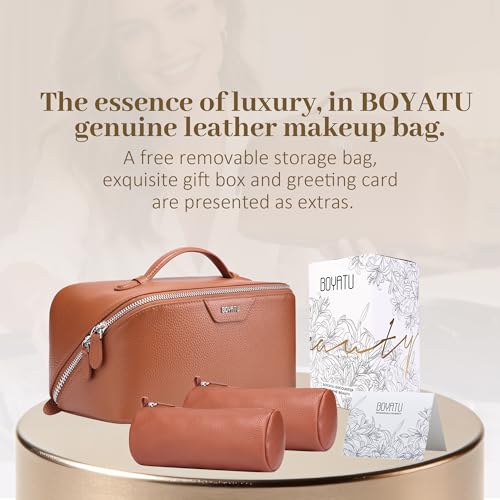 BOYATU Genuine Leather Travel Makeup Bag: Hand-made 3 Pcs Set Cosmetic Bags - color: 01Brown