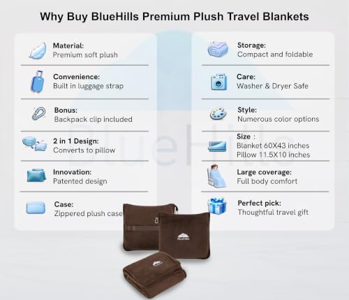 BlueHills Premium Soft Travel Blanket Pillow Air Plane Essentials - Brown - color: Brown-1pk-t009