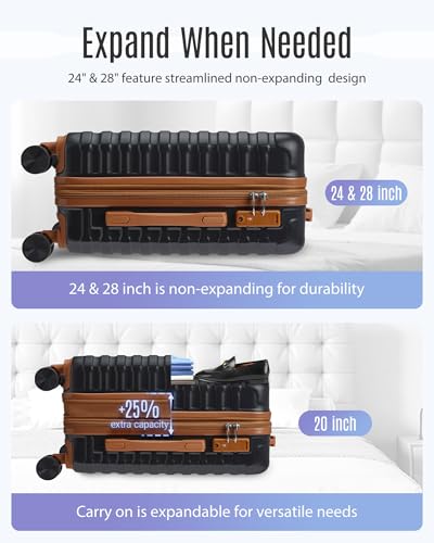 LIGHT FLIGHT Luggage Sets 3 Pcs Suitcase with Wheel,20"/24"/28",Black/Brown - color: Black/Brown