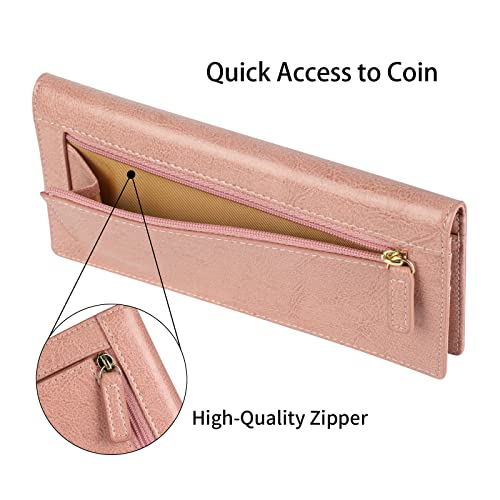 Lavemi Ultra Slim Thin Leather Women Wallet RFID Blocking Credit Card Holder Bifold Long Ladies Billfold - color: 1-waxed Dark Pink