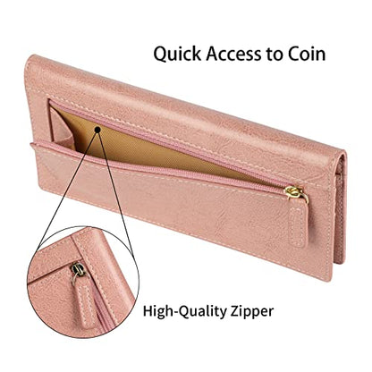 Lavemi Ultra Slim Thin Leather Women Wallet RFID Blocking Credit Card Holder Bifold Long Ladies Billfold - color: 1-waxed Dark Pink