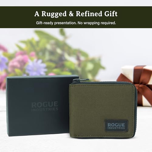 ROGUE WALLET Leather & Nylon Zip Wallet for Men, RFID Blocking, Khaki - color: Khaki