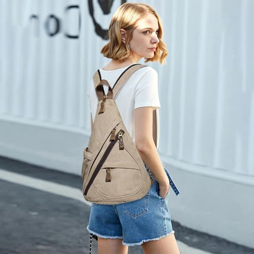 KL928 Canvas Sling Bag - Small Crossbody Backpack Shoulder Casual Daypack Rucksack for Men Women(Large Version,Khaki) - color: Canvas-khaki