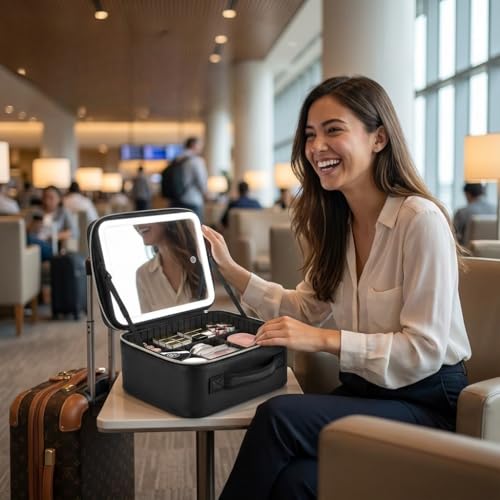 CosmoGlo Lighted Makeup Case With LED Mirror. Portable Travel Vanity Organizer With 3 Light Modes, Adjustable Dividers, Rechargeable, Durable Water-Resistant Bag For gifts for Women And Girls