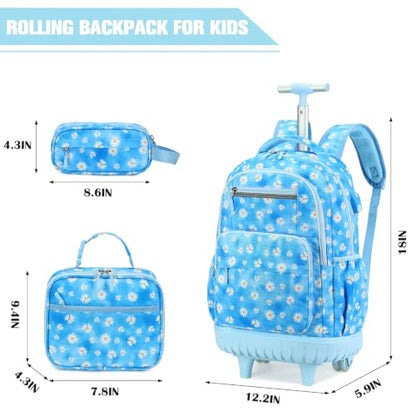 ACESAK Rolling Backpack for Girls with Lunch Bag & Pencil Pouch - color: Blue Daisy