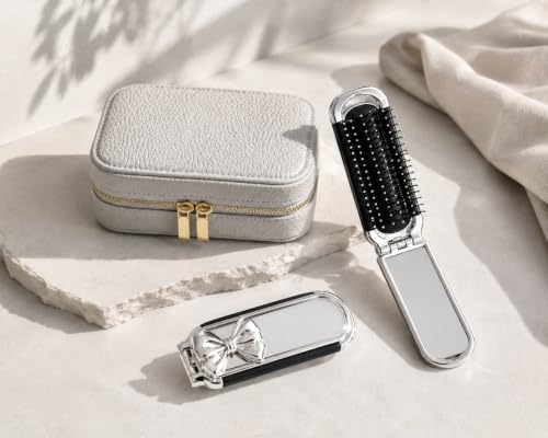 Travel Jewelry Case with Tangle-Free Necklace Holder, Foldable Mirror Brush