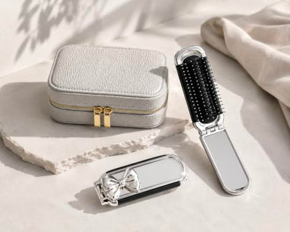 Travel Jewelry Case with Tangle-Free Necklace Holder, Foldable Mirror Brush