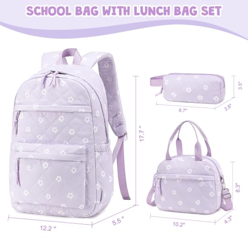 Quilted Backpack for Girls with Lunch Box Pencil Case - color: Purple Flowers