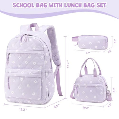 Quilted Backpack for Girls with Lunch Box Pencil Case - color: Purple Flowers