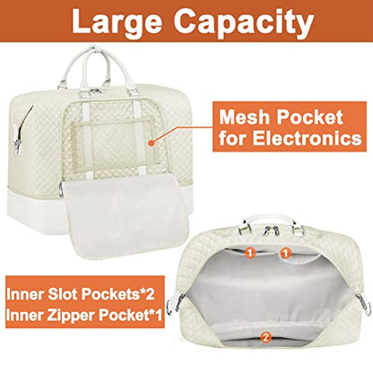 TIBES Travel Weekender Bag for Women, Overnight Bag with Shoe Compartment - color: J-Beige Diamond 3pcs