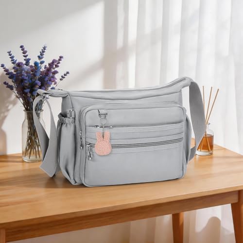 Crossbody Bag for Women Waterproof Shoulder Bag Multi Pockets Nylon Purse - color: Lightgray-l