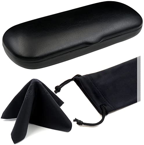 MyEyeglassCase Men Small Glasses case - Eyeglasses Hard Shell Holder Pouch & Cloth-Reading Slim & Narrow Case Heavy Duty - color: Black Classic