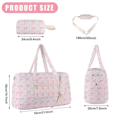 Quilted Pink Bow Duffel Bag,Weekender Bag With Shoe Compartment - color: Pink bow