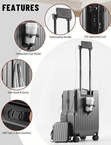 20-Inch Front Opening Carry On Luggage with Detachable Bag, Grey - color: Grey