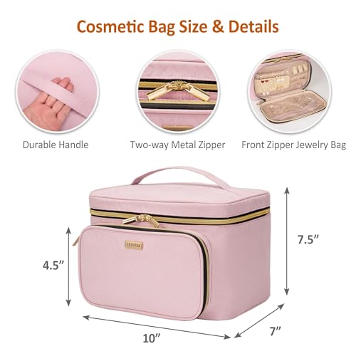 Travel Makeup Bag with Jewelry Organizer, Large Cosmetic Case, Waterproof Toiletry Bag for Cosmetics, Brushes, and Tools, Pink - color: Pink