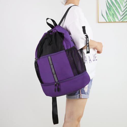 Valleycomfy Drawstring Gym Bag Sports Backpack With Shoe Compartment Purple - color: Purple08