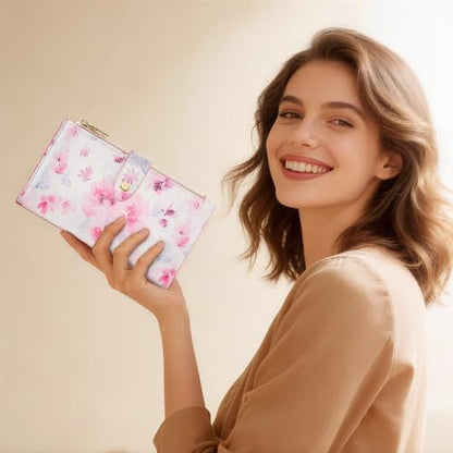 Travelambo Womens Leather Bifold Wallet, Slim RFID Blocking Card Holder - color: Pink Flower
