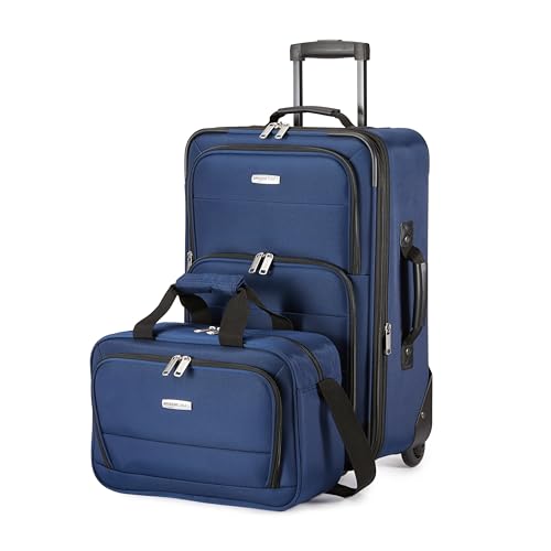 Amazon Basics Softside Luggage Set, 23-Inch Expandable Suitcase with Wheels and 15-Inch Tote, Extra Space (+15%), Front Pockets, Telescopic Handle, Navy Blue - color: Navy Blue