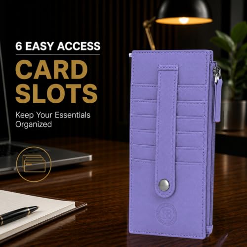 Leatherboss Genuine Leather Women's All in One Credit Business Card Case Holder Slim Zipper Wallet With a Card Protection Strap, Purple - color: Purple