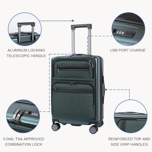 VANKEAN 20 Inch Expandable Hardshell Spinner TSA USB Port Carry-On Approved - color: DARK GREEN