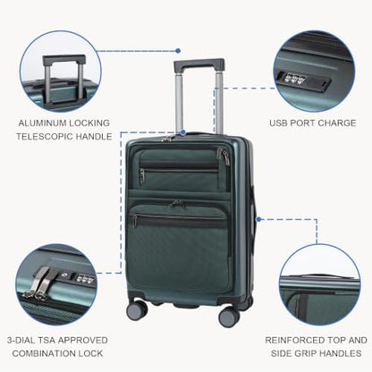 VANKEAN 20 Inch Expandable Hardshell Spinner TSA USB Port Carry-On Approved - color: DARK GREEN