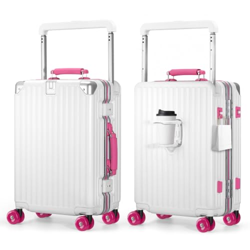 Xtaeptos 20 Inch Zipperless Carry On Luggage with Aluminum Frame Hardside - color: White + Pink