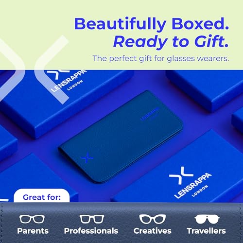 Luxury Slim Leather Glasses Case | Handmade Full-Grain Leather Eyewear Wrap with Magnetic Closure & Gift Box - color: Blue