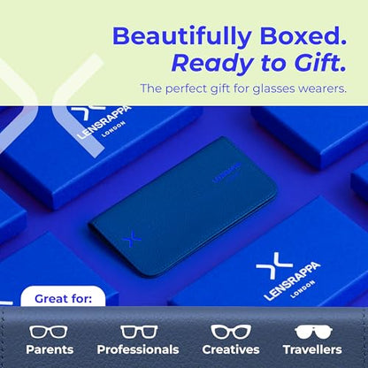 Luxury Slim Leather Glasses Case | Handmade Full-Grain Leather Eyewear Wrap with Magnetic Closure & Gift Box - color: Blue