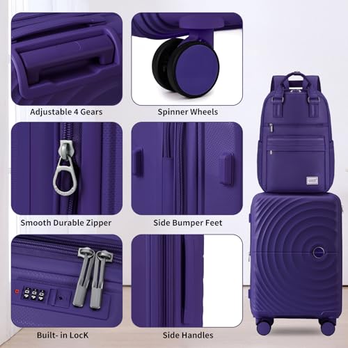 LARVENDER Expandable Carry On 3 Piece Luggage Set with Backpack 20 Inch - color: Grape Purple, style: 3 Piece Sets